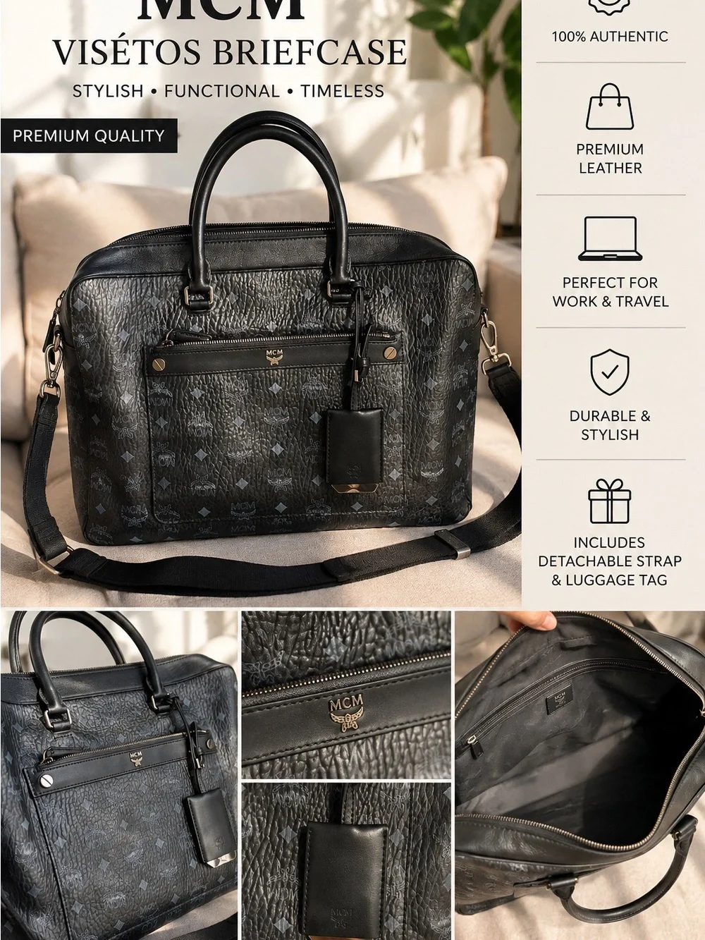 MCM Black Visetos Logo Leather Briefcase with Detachable Strap